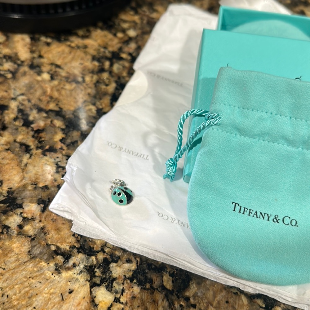 Authentic Tiffany silver blue enamel ladybug charm